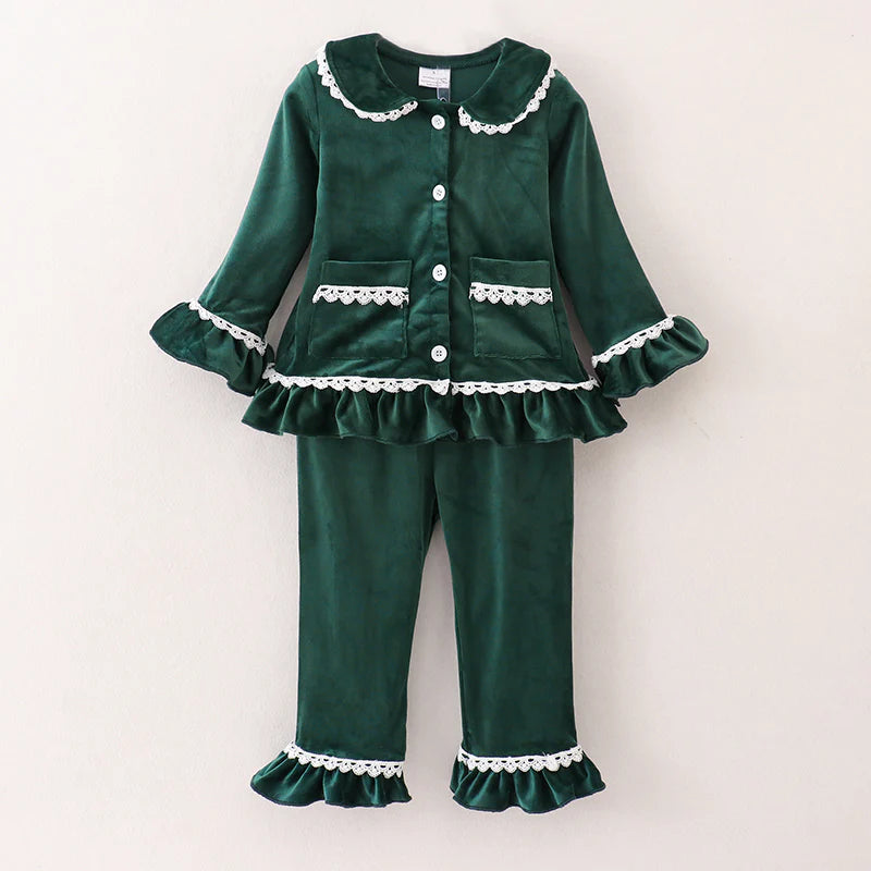 Green Velvet Christmas Pjs (Girls) | Preorder
