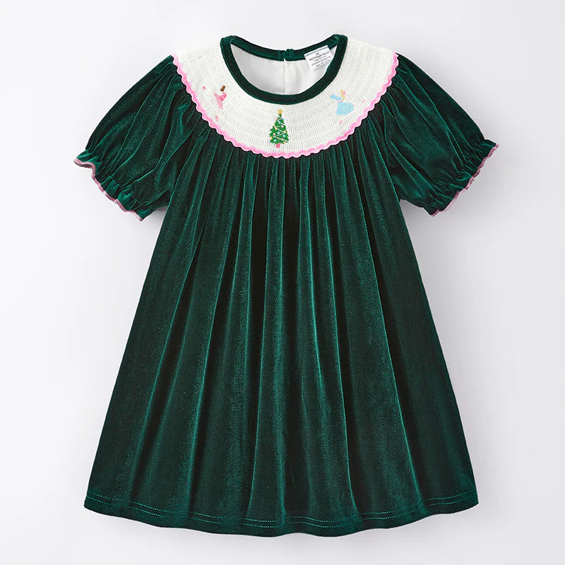 Green Velvet Smocked Dress | Preorder