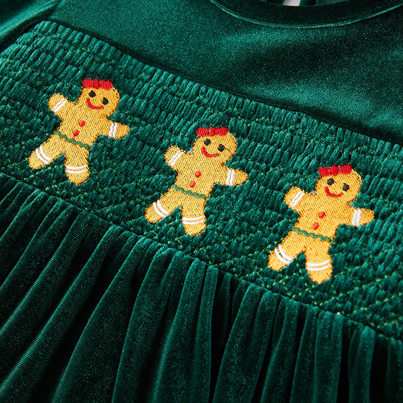 Gingerbread Green Velvet Smocked Dress | Preorder