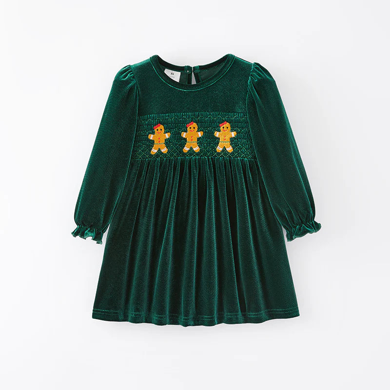 Gingerbread Green Velvet Smocked Dress | Preorder