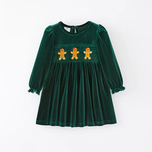 Gingerbread Green Velvet Smocked Dress | Preorder