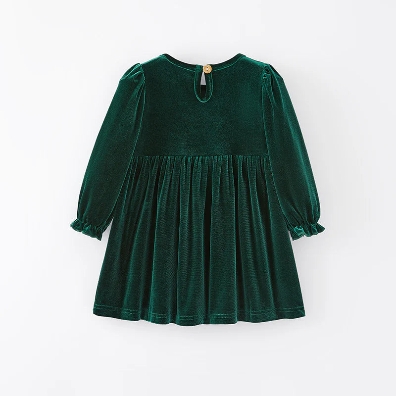 Gingerbread Green Velvet Smocked Dress | Preorder